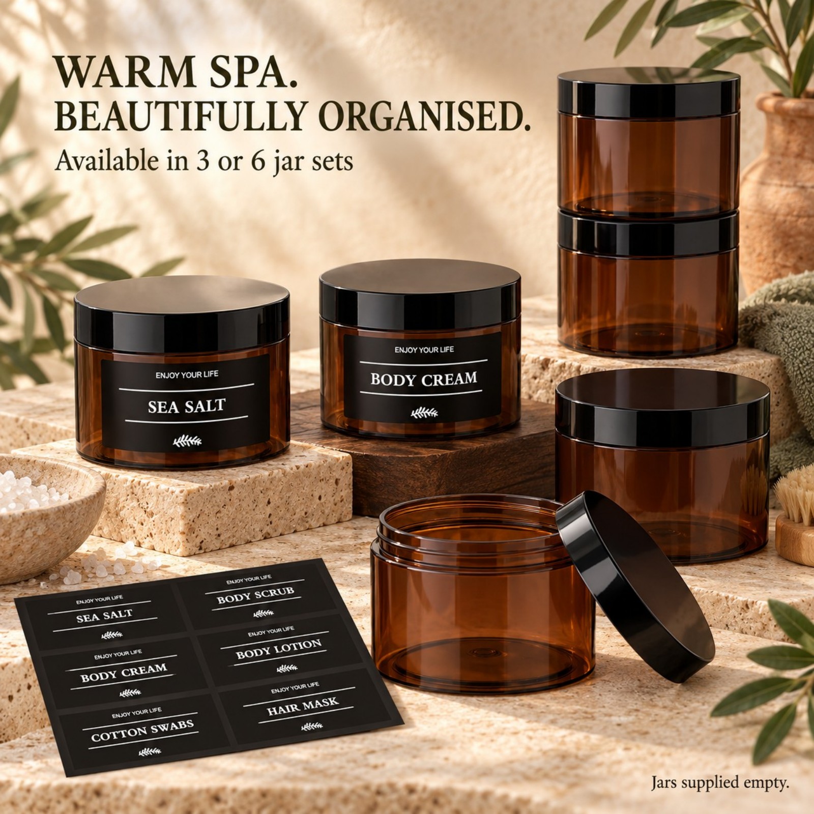 Hair Care - ชุดโหลเก็บของในห้องน้ำ 3 ชิ้น พร้อมฉลาก ภาชนะพลาสติกสำหรับสปาและโต๊ะเครื่องแป้ง สำหรับเก็บสครับขัดผิว