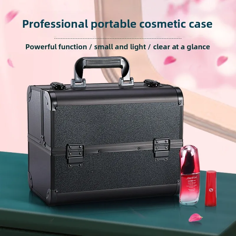 Makeup - กล่องเครื่องสำอางอลูมิเนียมอัลลอยด์ ความจุขนาดใหญ่ เปิดได้สองด้าน สำหรับอุปกรณ์มืออาชีพในร้านเสริมสวยและการจัดเก็บสำหรับเดินทาง กล่องเครื่องสำอางแบบมีล้อ